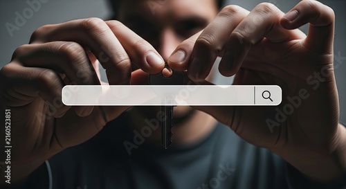 A man holding a digital search bar interface in front of his face representing internet information retrieval
