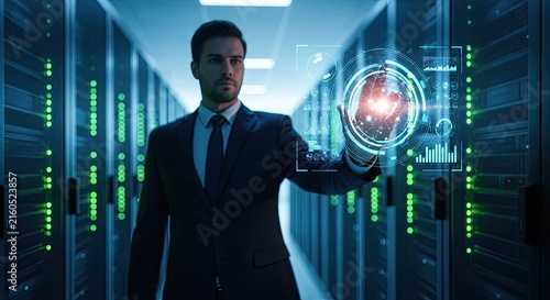 Professional it engineer working with holographic data interface inside a modern high tech server room data center