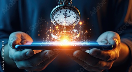 Conceptual image of a person holding a smartphone with a glowing clock and digital city skyline emerging