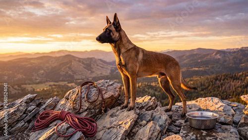 Pastor belga malinois standing on a rocky ridge above golden sunset hills