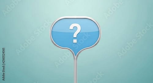 A blue glossy signpost icon featuring a white question mark symbol isolated on a soft light background