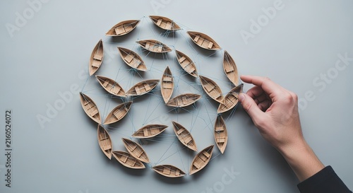 Hand arranging small wooden toy boats in a circular pattern on a light grey background