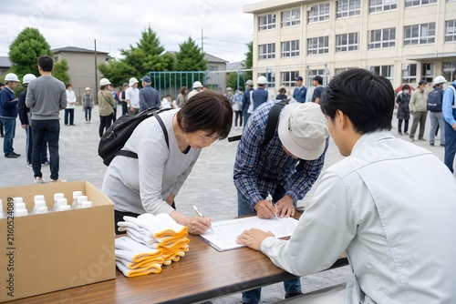 Naklejka 自主防災訓練の受付で名簿に記入する住民