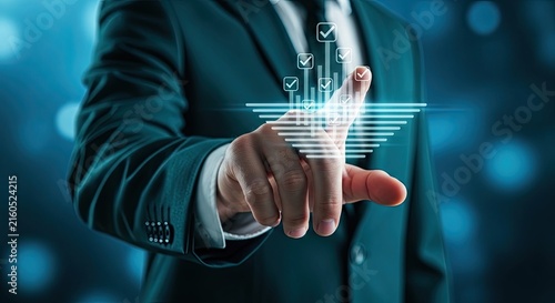 Businessman interacting with a digital holographic interface representing business growth and financial data analytics in a futuristic office
