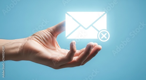 A hand holding a digital envelope icon representing email communication and message delivery concepts on blue background