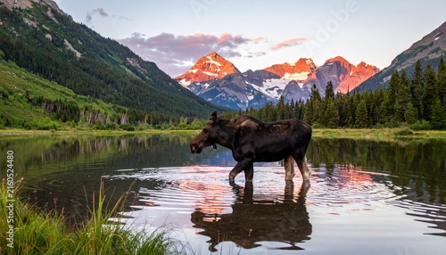 Majestic Moose Wading in Serene Lake at Sunset with Mountain Backdrop.