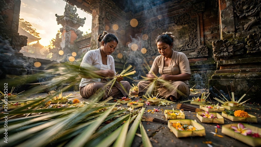 Fototapeta premium Two Balinese women weaving traditional Canang Sari offerings with palm leaves and flowers sitting on the floor of a Hindu temple in Bali surrounded by incense smoke