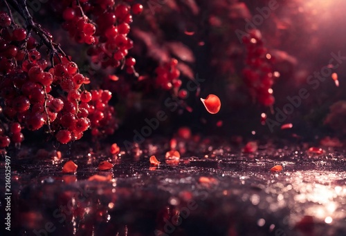 Luxury red currant berry background with floating blossom petals for perfume advertising