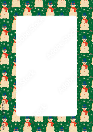 green Christmas holly frame with snowmans