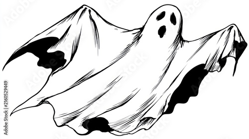 Floating white ghost illustration isolated on white background for halloween