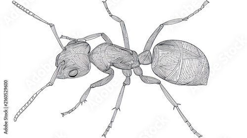 Detailed black and white illustration of an ant with intricate lines