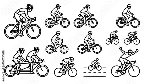 Diverse bicycle riding styles and icons in thin line design