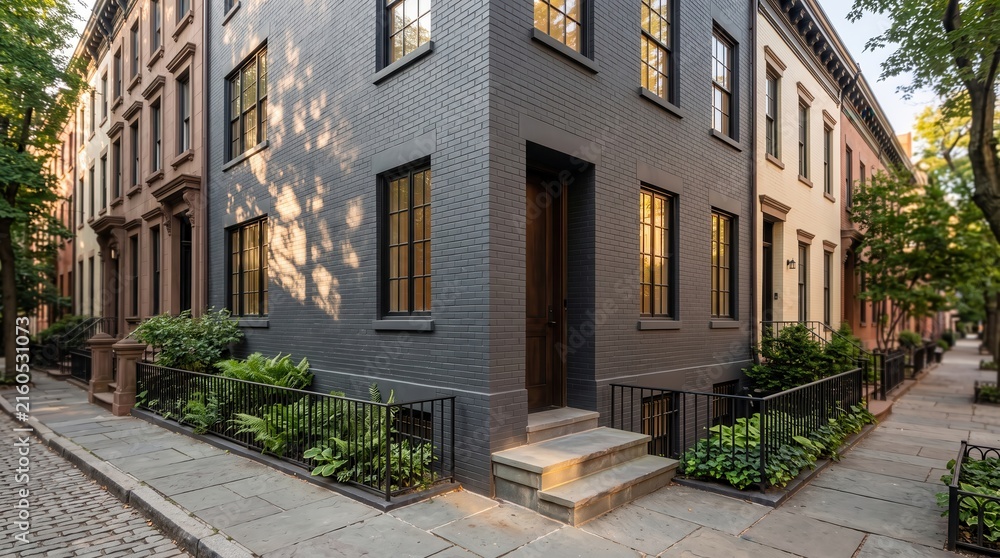 Fototapeta premium Gray brick corner townhouse with recessed doorway and iron railings