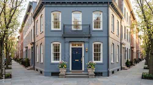 Blue corner townhouse with flower planters and balcony