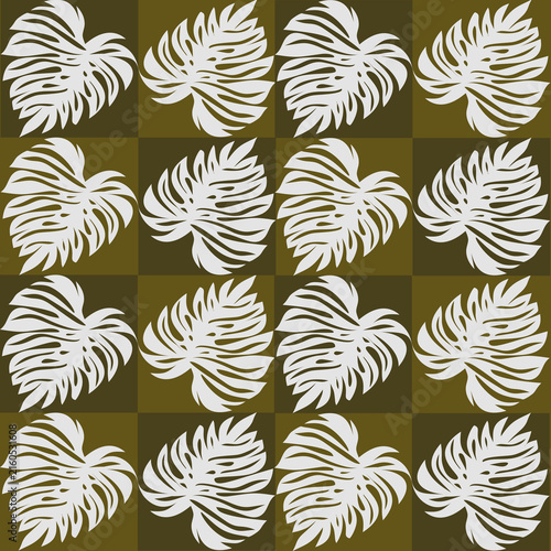 Tropical monstera palm leaves seamless pattern on olive green checkered background