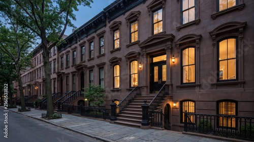 Brownstone townhouse entrance with iron railings and trees