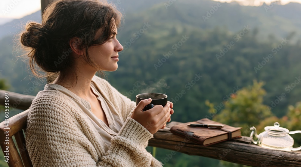 Fototapeta premium Woman drinking hot tea on a balcony with mountain nature views at morning sunrise