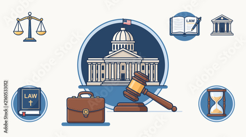 Courthouse surrounded by legal icons including a balanced scale and a wooden gavel against a clean backdrop.