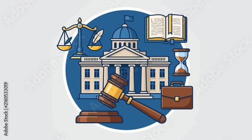 Gavel resting prominently in front of a courthouse illustration featuring classic columns and symbols of justice.