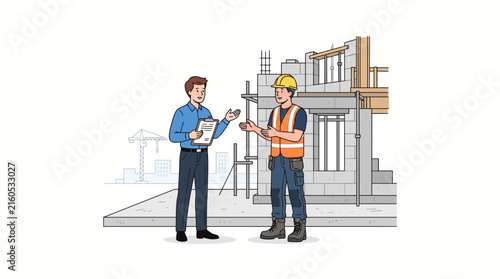Construction workers in bright neon vests and hard hats discuss blueprints in front of an unfinished concrete building.