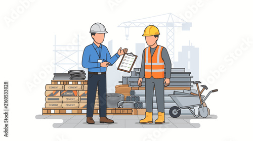 Construction workers reviewing project blueprints on a clipboard amid building materials and heavy equipment.