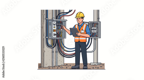 Electrician wearing a bright safety vest and hard hat inspects complex electrical wiring inside a metallic outdoor utility box.