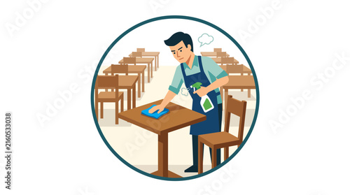 Frustrated waiter wiping down wooden furniture with a blue cloth under cool ambient lighting and flat matte textures.