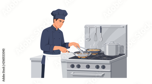Chef cooking meals in a commercial kitchen with stainless steel textures, bright overhead lighting, and gleaming metal surfaces.