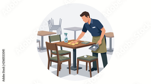 Waiter cleaning a wooden table with a spray bottle in a brightly lit restaurant interior with warm brown textures and smooth surfaces.