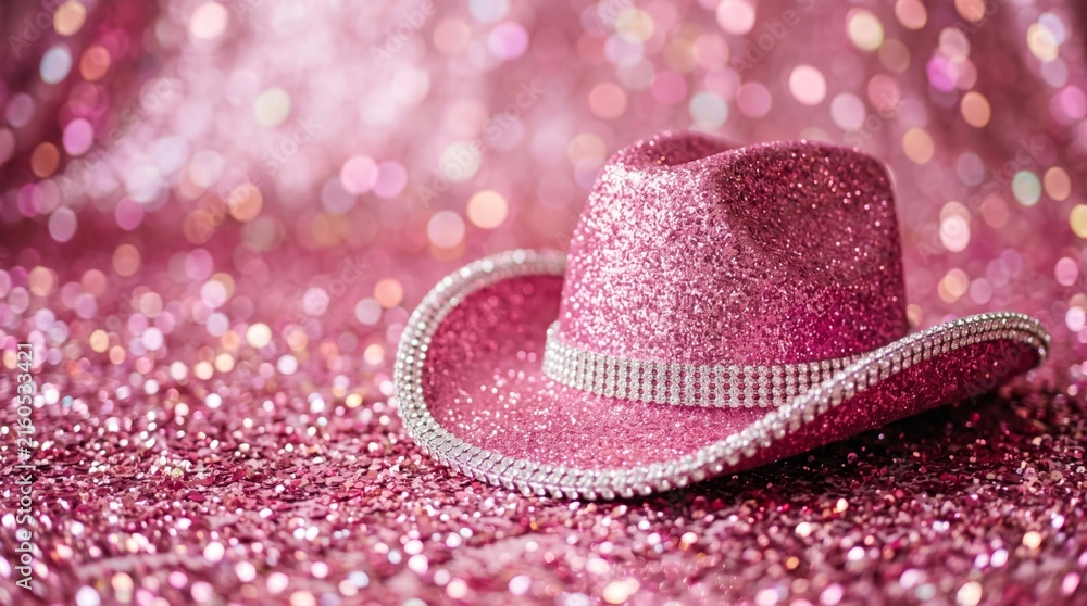 Fototapeta premium Sparkling pink cowgirl hat with rhinestone trim displayed against a glamorous glitter and bokeh background