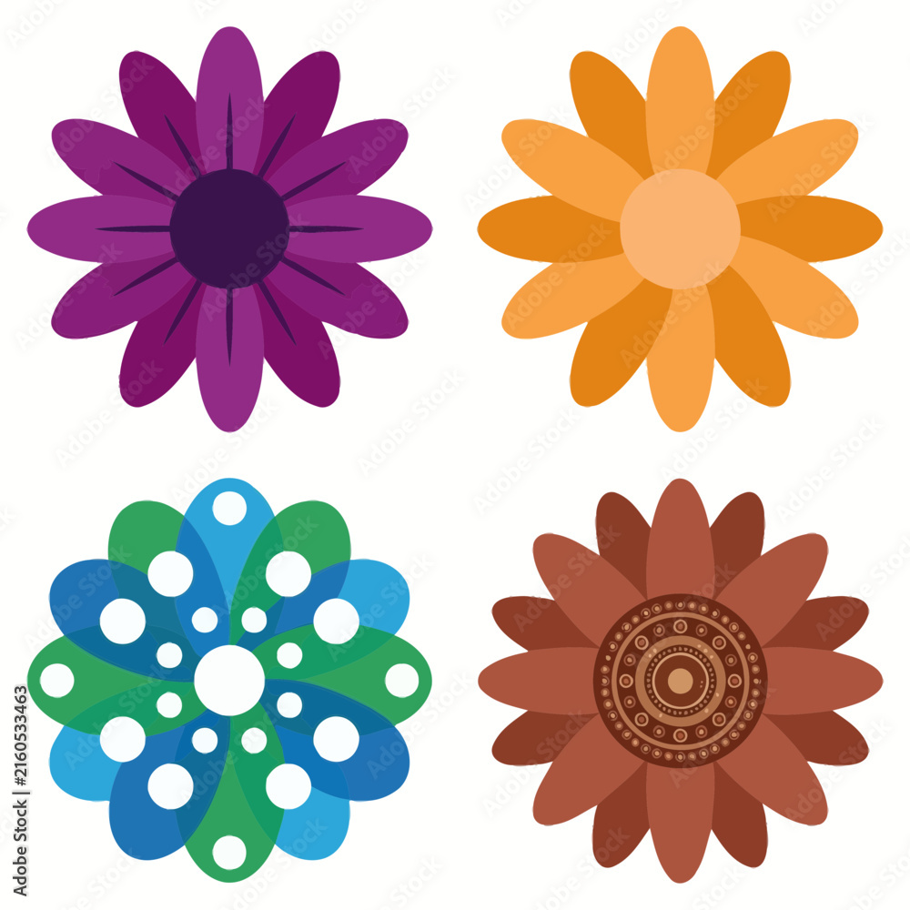 Fototapeta premium Colorful stylized flower vector icon set
