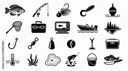 Canvas Print Black and white fishing icons set for design.
