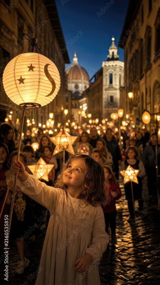 Obraz premium Girl carrying a glowing moon and star lantern during Festa della Rificolona in Florence. Traditional evening procession through historic streets with cathedral architecture and community celebration.
