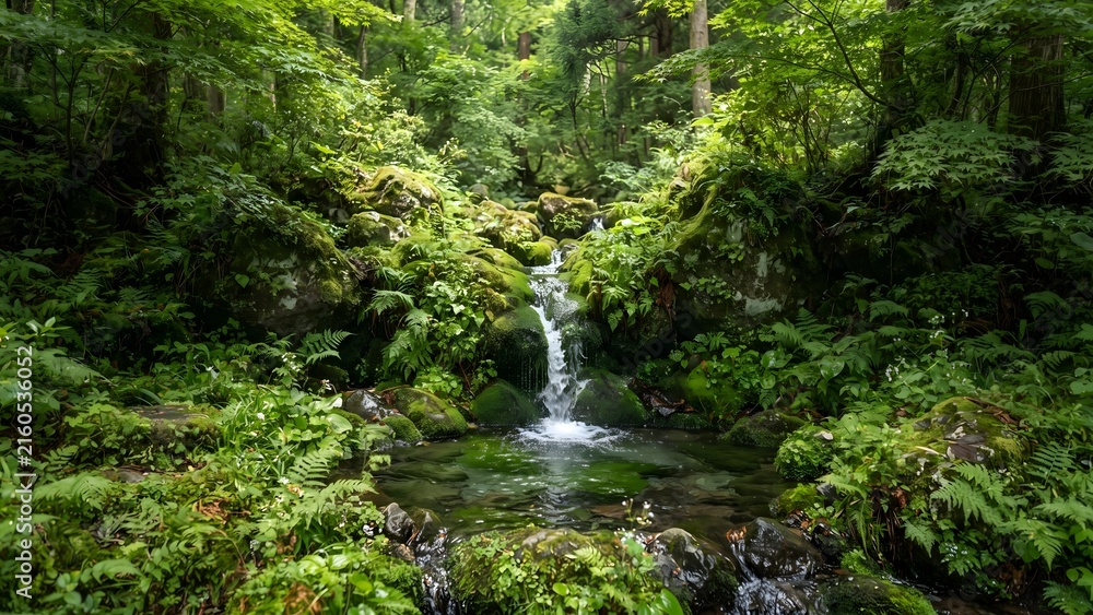 Fototapeta premium Lush mountain stream flowing over moss-covered rocks in a green forest