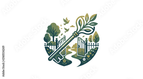 Key opens garden gate, symbolizing access to nature and new beginnings