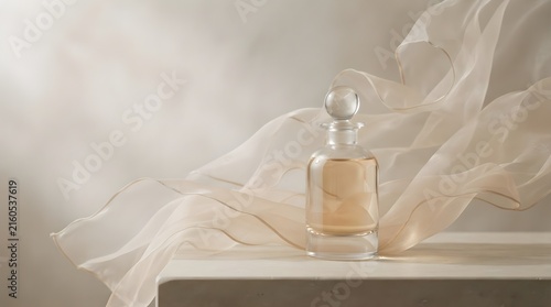 Luxury Perfume Glass Bottle with Flowing Silk Fabric on Podium