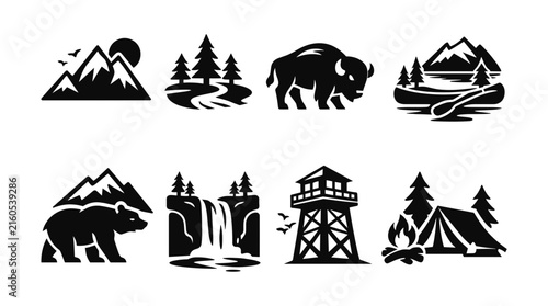 Obraz na plátne Collection of wilderness and outdoor adventure icons in black and white style