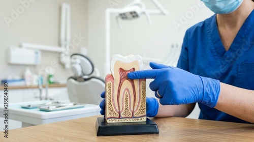 Dental clinician holds a tooth model to explain anatomy during patient education.