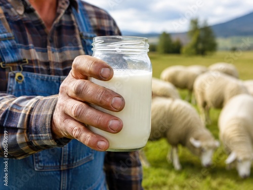 A farmer holds a glass jar of fresh sheep milk with a flock of sheep grazing in the background.