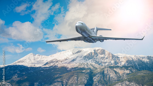 Silver Commercial Airplane Flying Over Snowy Mountains Against Turquoise Sky — 3D Render
