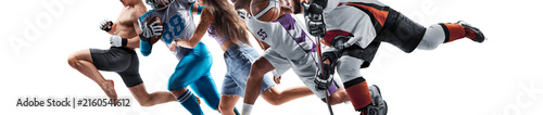 A dynamic collage of athletes. Close-up. Athletes in action. MMA, American football, skateboarding, basketball, hockey. Multi-sport