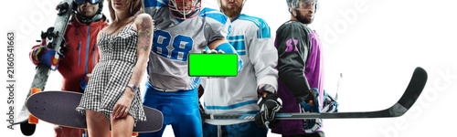 Close-up of athletes against a white background. Phone with a green screen. Group sports collage. Skiing, football, hockey, skateboarding. Multi-sport