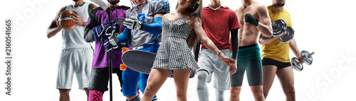 Large collage of athletes. Close-up. Sports collage. Basketball, hockey, American football, skateboarding, soccer, MMA, fitness. Isolated. Multi-sport