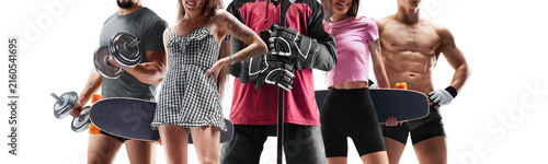 Sports group collage. Close-up. Bodybuilding, hockey, skateboarding, MMA. Athletes on a white background. Multi-sport
