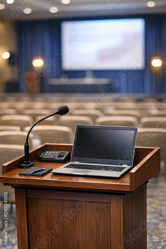 Presentation setup with a lectern, microphone, laptop, and seating for an audience.