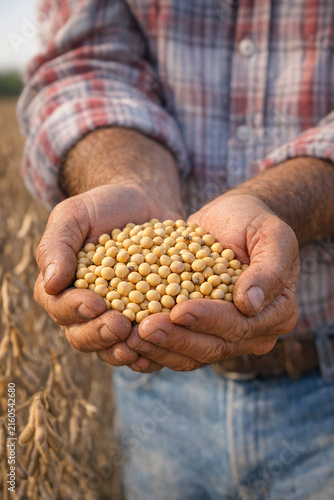Farmer holding hands full of corn, symbolizing agriculture and harvest season.