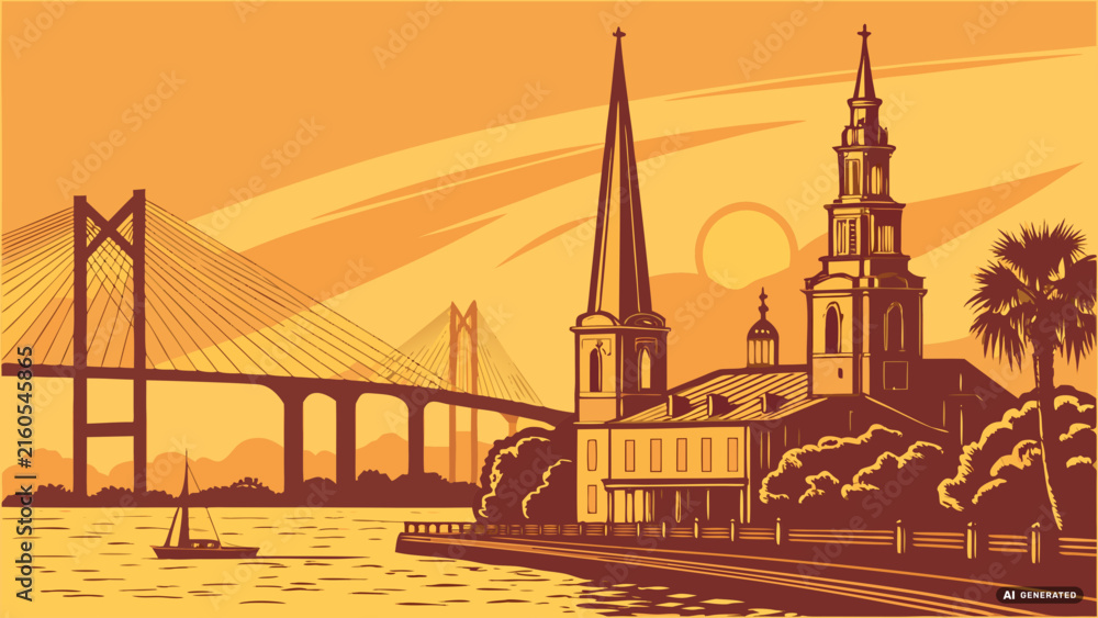 Naklejka premium Charleston skyline vector featuring ravenel bridge and steeples