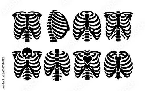 Quadro su tela Collection of stylized human rib cage illustrations in black silhouette