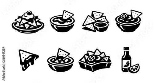 Collection of stylized icons representing nachos and dips for a festive snack experience