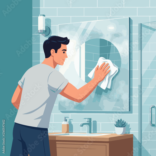 Man wipes mirror in bathroom while preparing for the day
